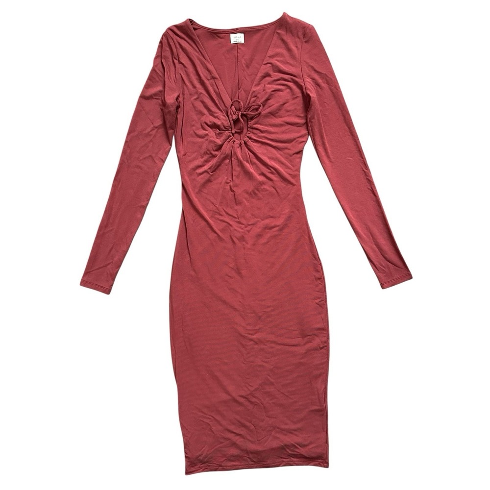 Wilfred Aritzia Chelsea Dress Red Long Sleeve Ruched V-Neck Tie Front Contour